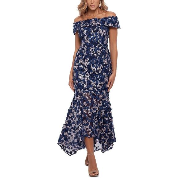 Xscape Midi Raised Flower Off-The-Shoulder Flounce Gown Evening Dress NWT 4 - Picture 1 of 8